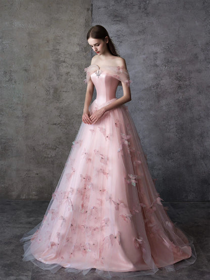 Elegant Strapless Tulle Pink Prom Dress Appliques Beads A-Line Evening Dress AP7080