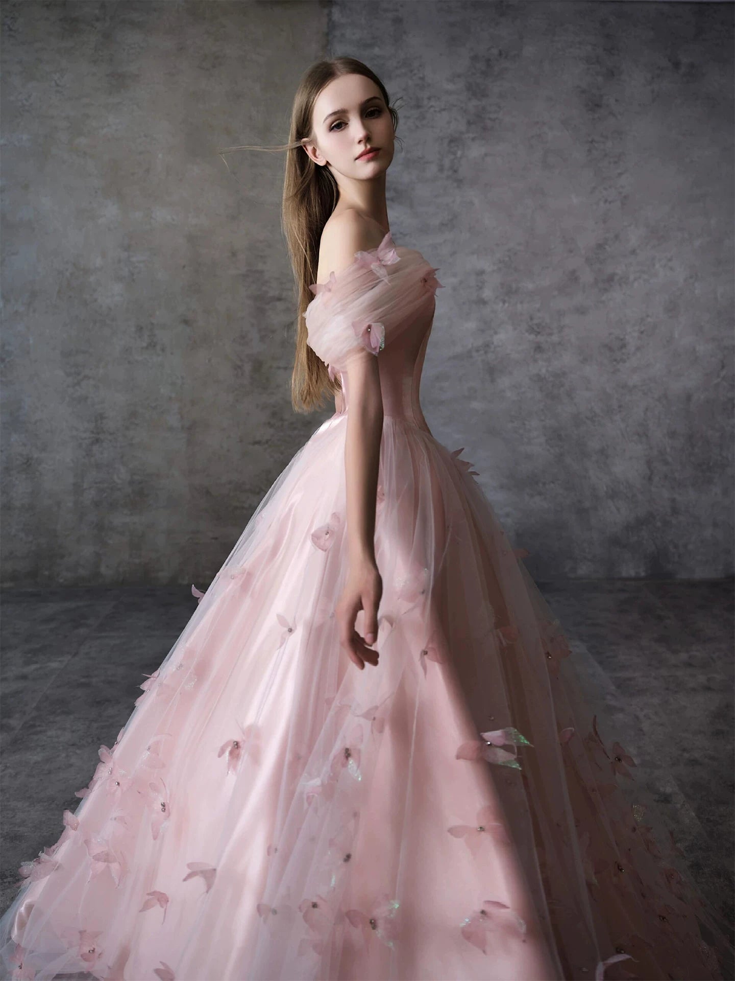 Elegant Strapless Tulle Pink Prom Dress Appliques Beads A-Line Evening Dress AP7080