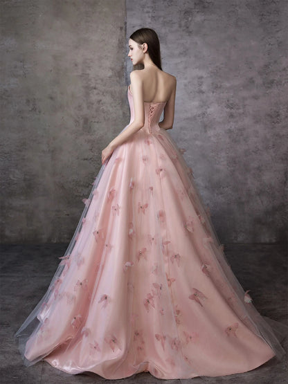 Elegant Strapless Tulle Pink Prom Dress Appliques Beads A-Line Evening Dress AP7080