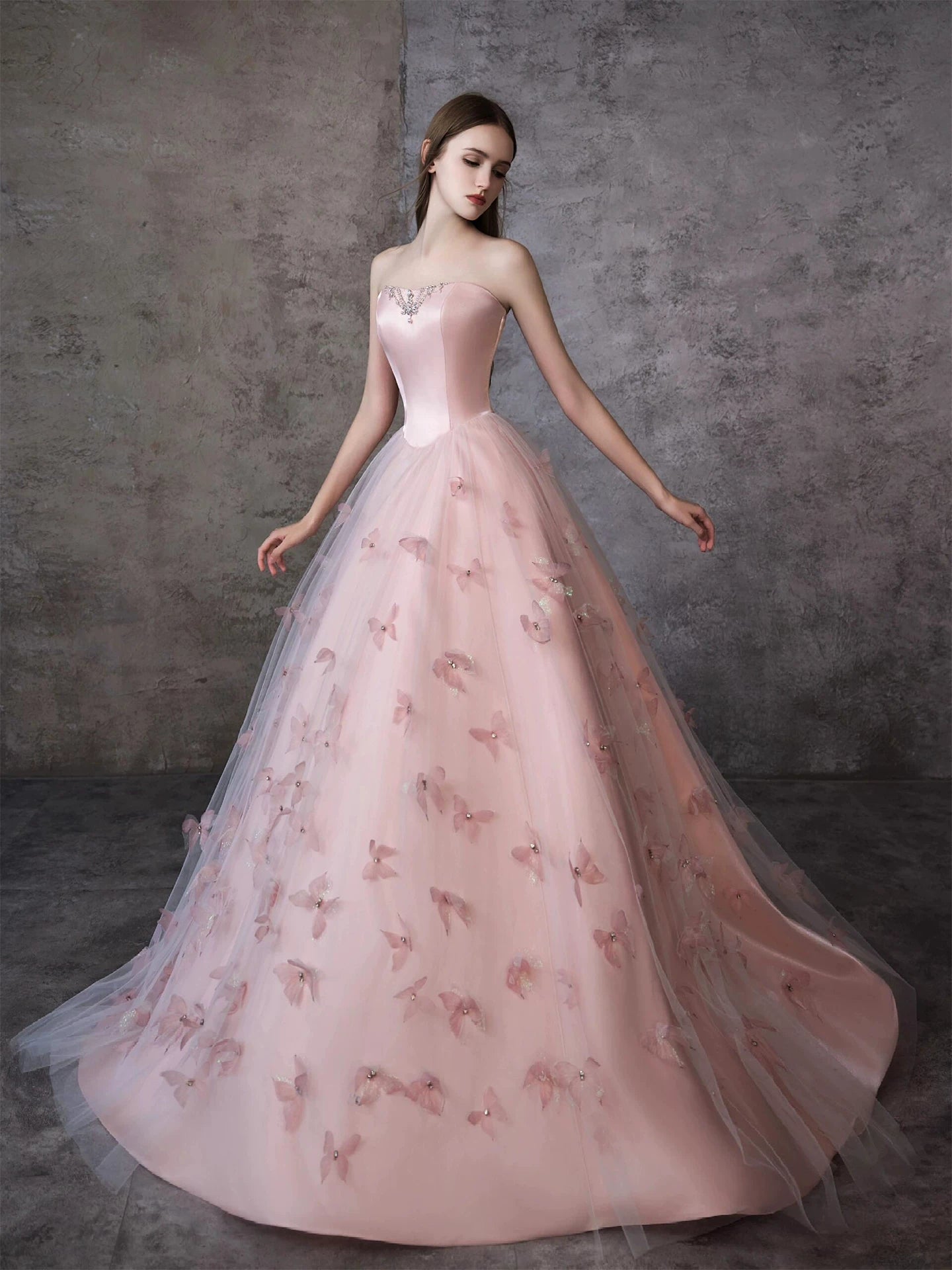Elegant Strapless Tulle Pink Prom Dress Appliques Beads A-Line Evening Dress AP7080