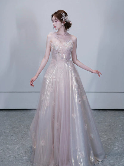 Sweet One Shoulder A-Line Prom Dress Appliques Sequins Tulle Evening Dress AP7081