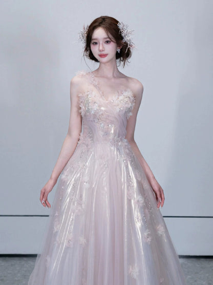 Sweet One Shoulder A-Line Prom Dress Appliques Sequins Tulle Evening Dress AP7081
