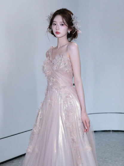 Sweet One Shoulder A-Line Prom Dress Appliques Sequins Tulle Evening Dress AP7081