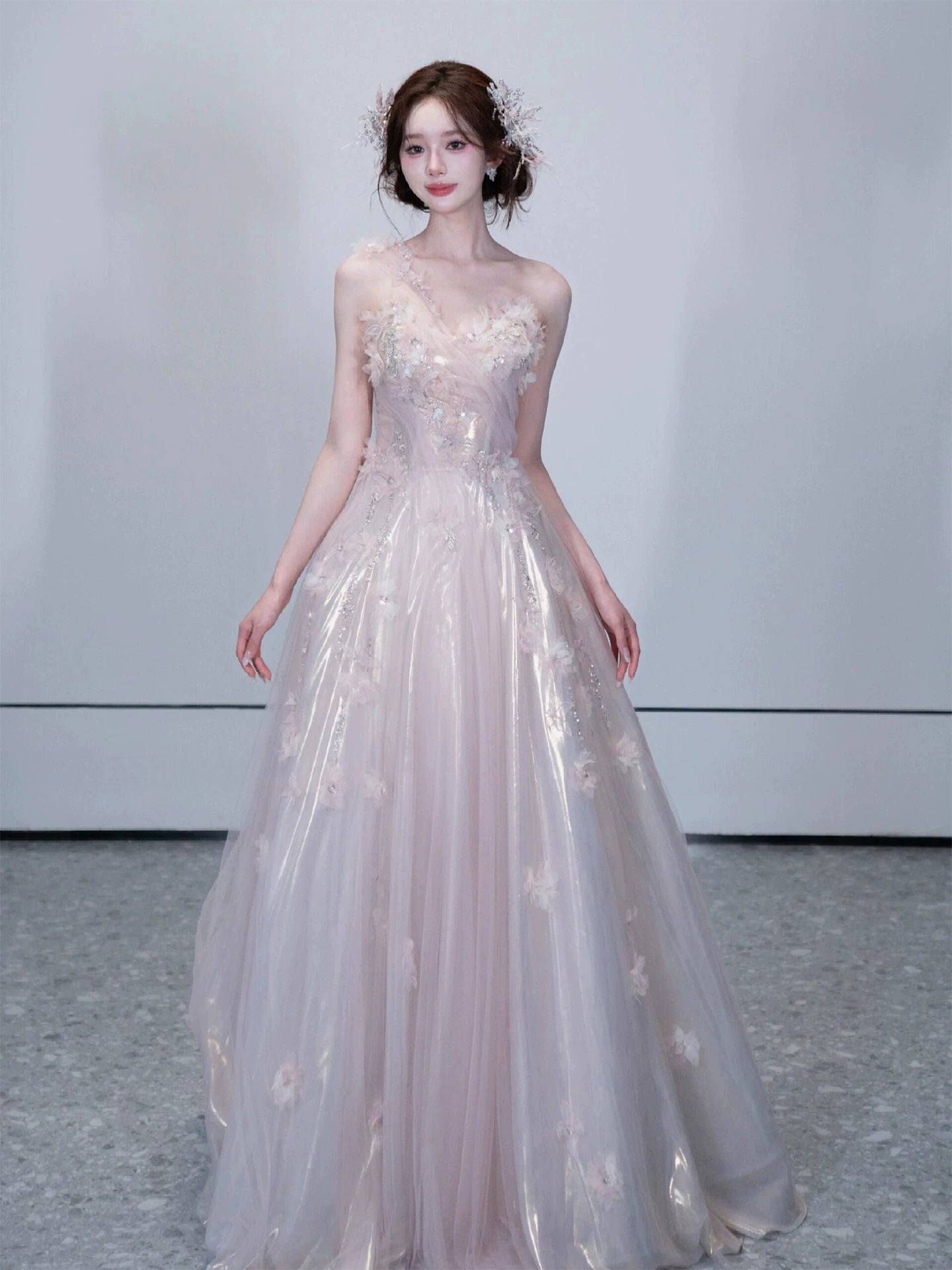 Sweet One Shoulder A-Line Prom Dress Appliques Sequins Tulle Evening Dress AP7081