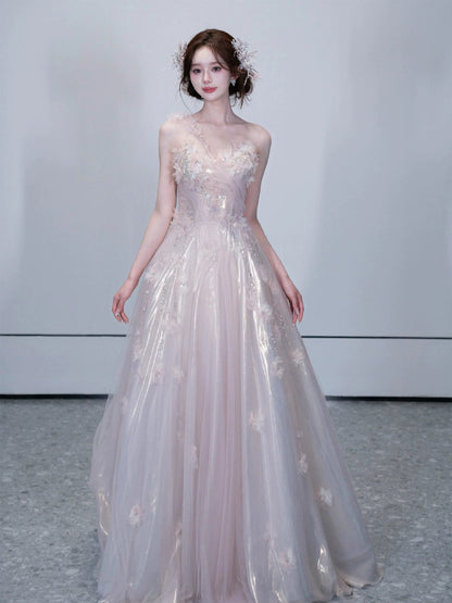 Sweet One Shoulder A-Line Prom Dress Appliques Sequins Tulle Evening Dress AP7081