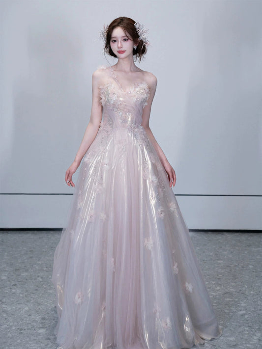 Sweet One Shoulder A-Line Prom Dress Appliques Sequins Tulle Evening Dress AP7081