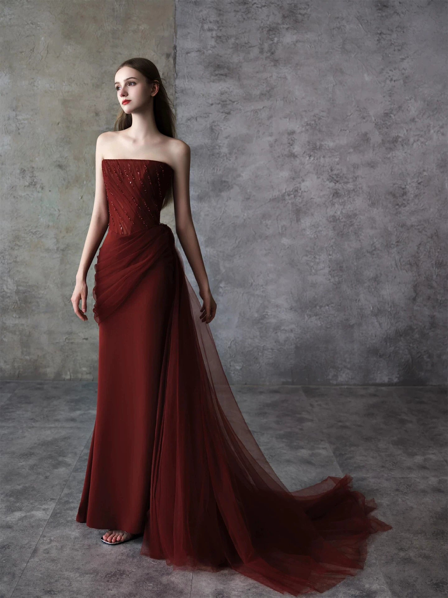 Classical Strapless Mermaid Prom Dress Red Tulle Beads Formal Dress AP7082