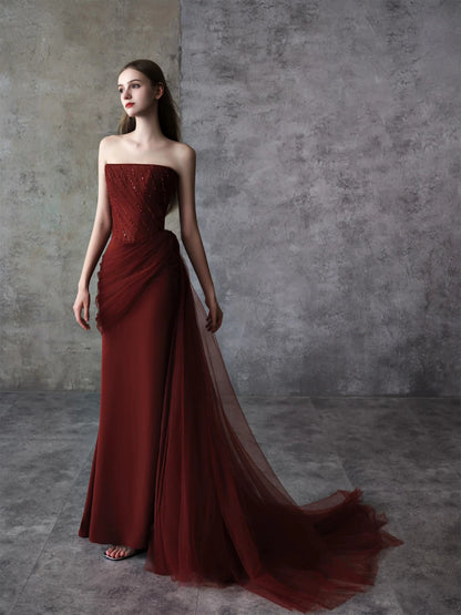 Classical Strapless Mermaid Prom Dress Red Tulle Beads Formal Dress AP7082
