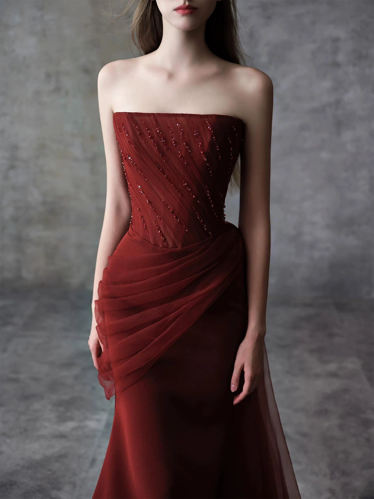 Classical Strapless Mermaid Prom Dress Red Tulle Beads Formal Dress AP7082