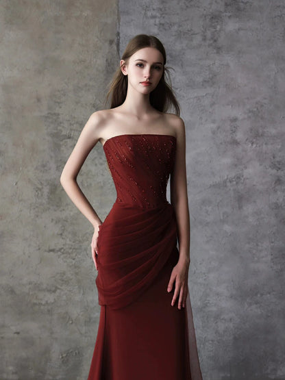 Classical Strapless Mermaid Prom Dress Red Tulle Beads Formal Dress AP7082