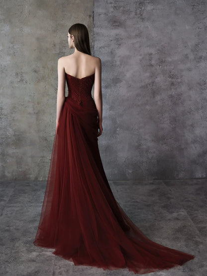 Classical Strapless Mermaid Prom Dress Red Tulle Beads Formal Dress AP7082