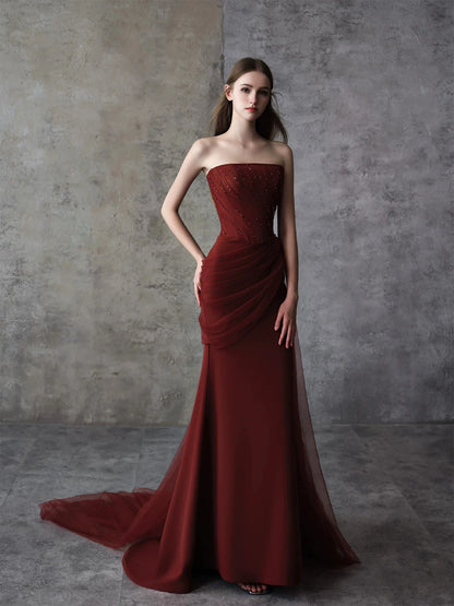 Classical Strapless Mermaid Prom Dress Red Tulle Beads Formal Dress AP7082