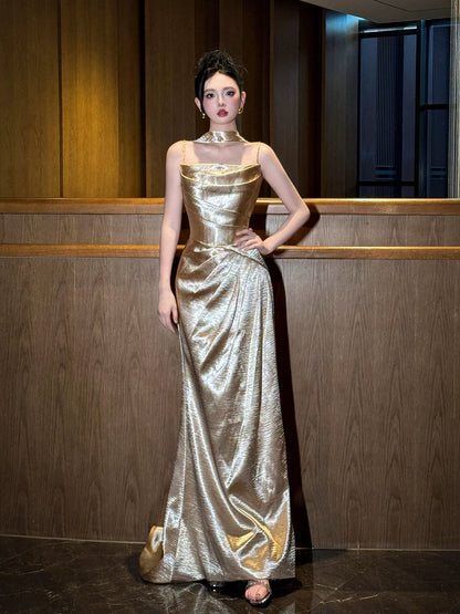 Fantastic Beads Spaghetti Strap Prom Dresses With Scarf Gold Satin Sheath Evening Outfit AP7083