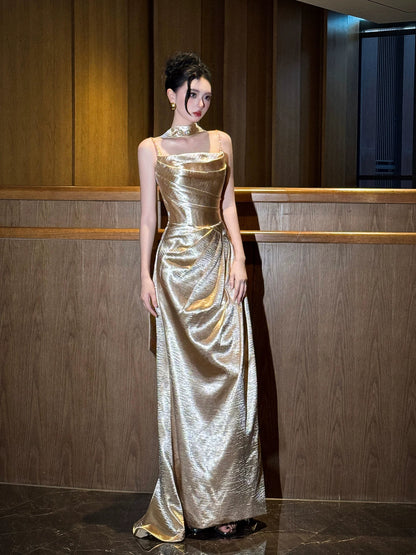 Fantastic Beads Spaghetti Strap Prom Dresses With Scarf Gold Satin Sheath Evening Outfit AP7083