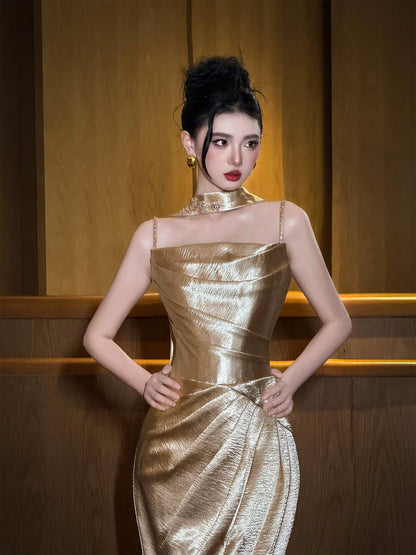 Fantastic Beads Spaghetti Strap Prom Dresses With Scarf Gold Satin Sheath Evening Outfit AP7083