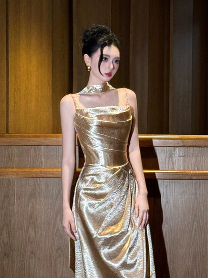 Fantastic Beads Spaghetti Strap Prom Dresses With Scarf Gold Satin Sheath Evening Outfit AP7083