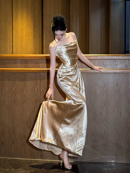 Fantastic Beads Spaghetti Strap Prom Dresses With Scarf Gold Satin Sheath Evening Outfit AP7083