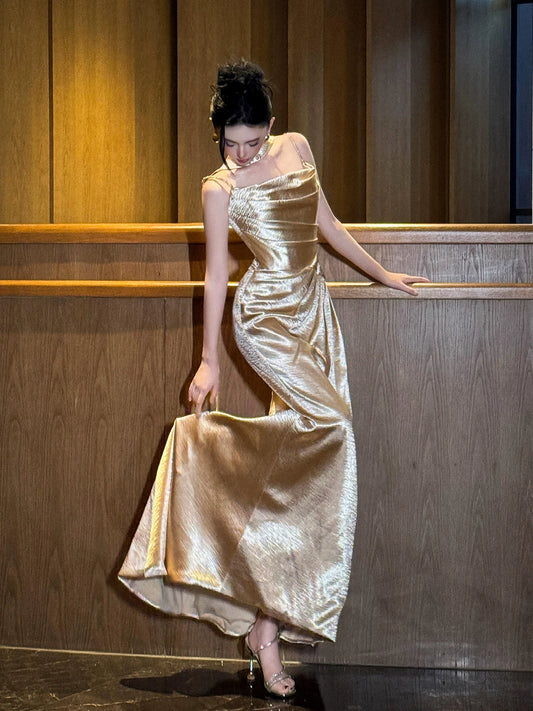 Fantastic Beads Spaghetti Strap Prom Dresses With Scarf Gold Satin Sheath Evening Outfit AP7083