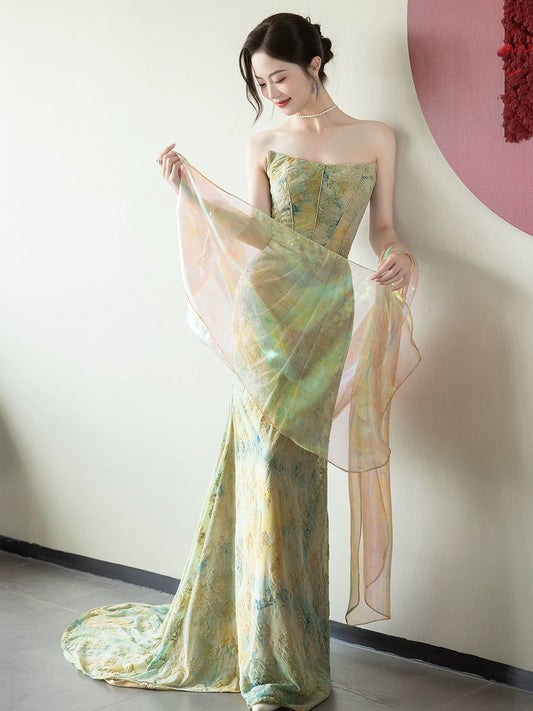 Vintage Strapless Mermaid Prom Dress Textured Florals Evening Dress AP7084