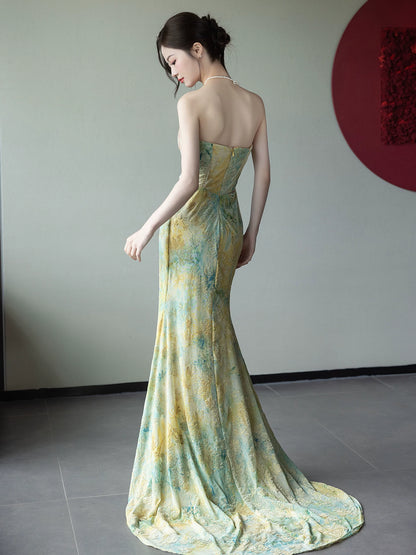 Vintage Strapless Mermaid Prom Dress Textured Florals Evening Dress AP7084