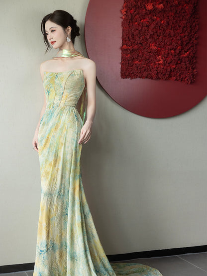 Vintage Strapless Mermaid Prom Dress Textured Florals Evening Dress AP7084