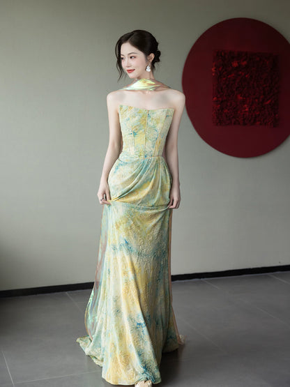 Vintage Strapless Mermaid Prom Dress Textured Florals Evening Dress AP7084
