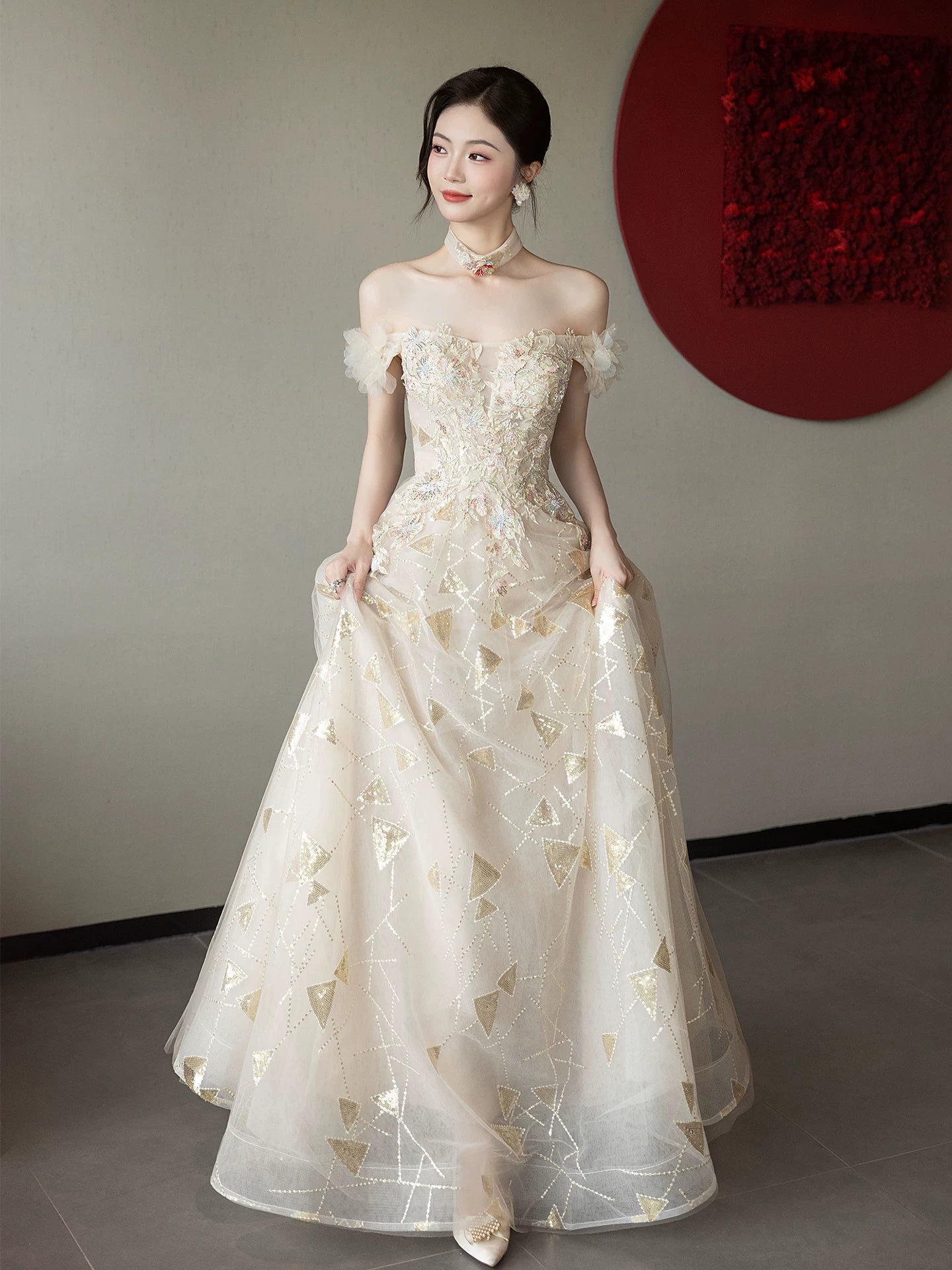 Dreamy Off-Shoulder Appliques Prom Dress Beige Sequins A-Line Formal Gowns AP7085