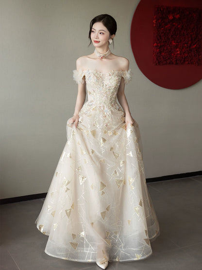 Dreamy Off-Shoulder Appliques Prom Dress Beige Sequins A-Line Formal Gowns AP7085