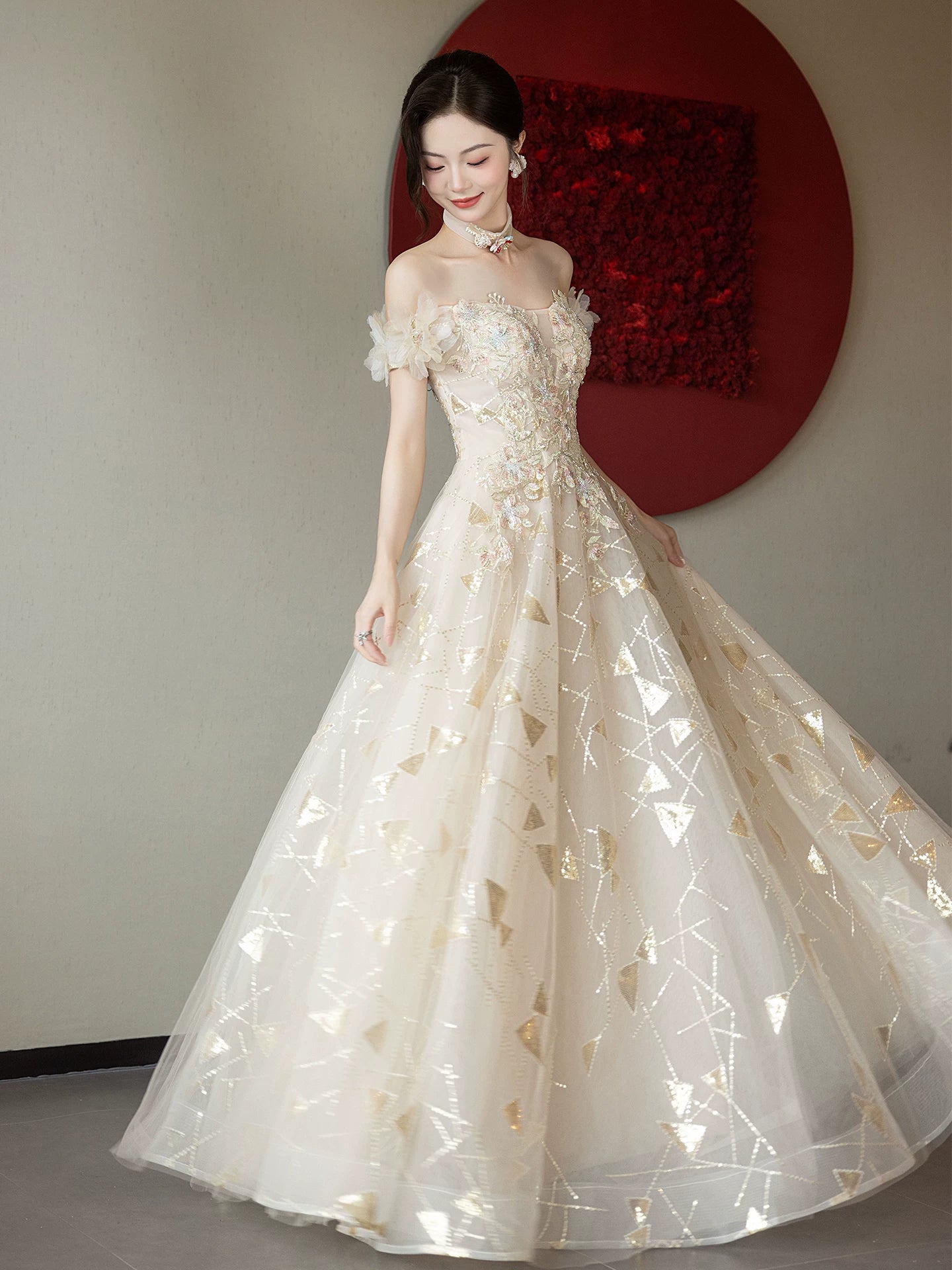 Dreamy Off-Shoulder Appliques Prom Dress Beige Sequins A-Line Formal Gowns AP7085