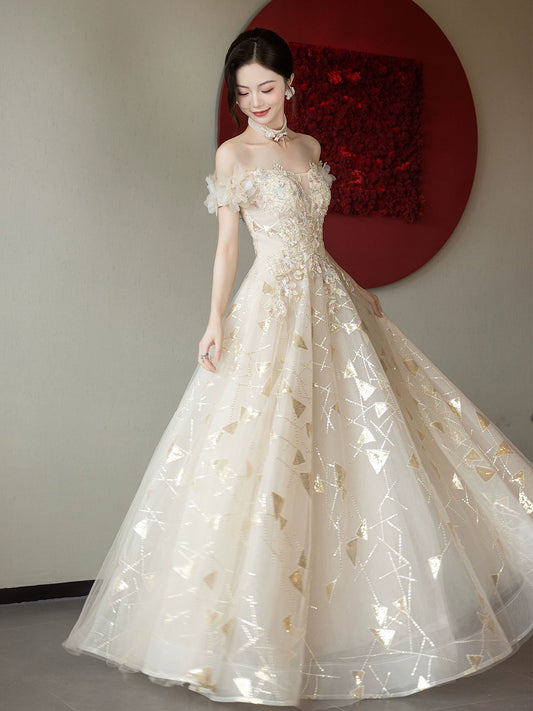 Dreamy Off-Shoulder Appliques Prom Dress Beige Sequins A-Line Formal Gowns AP7085