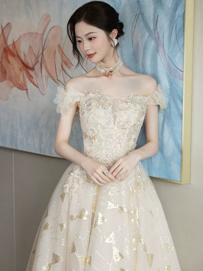 Dreamy Off-Shoulder Appliques Prom Dress Beige Sequins A-Line Formal Gowns AP7085