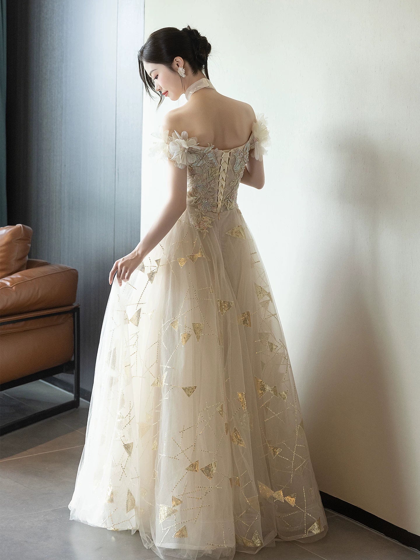 Dreamy Off-Shoulder Appliques Prom Dress Beige Sequins A-Line Formal Gowns AP7085