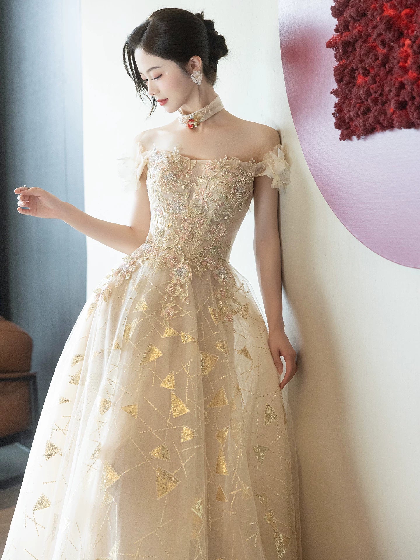 Dreamy Off-Shoulder Appliques Prom Dress Beige Sequins A-Line Formal Gowns AP7085