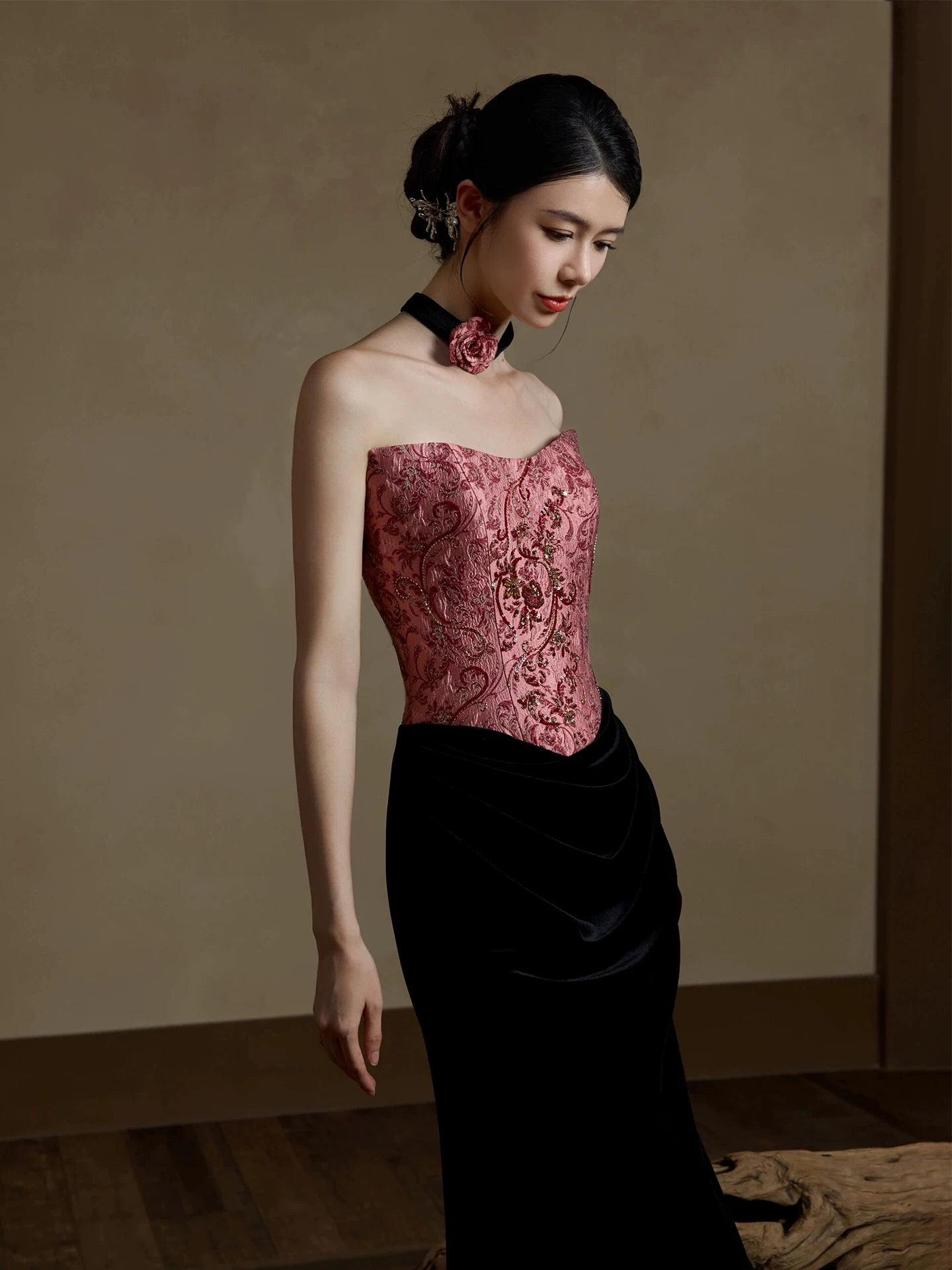 Vintage Strapless Textured Prom Dress Sequins Jacquard Mermaid Evening Dress AP7086