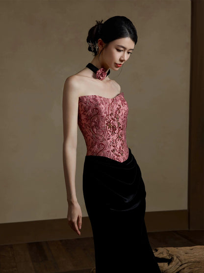 Vintage Strapless Textured Prom Dress Sequins Jacquard Mermaid Evening Dress AP7086
