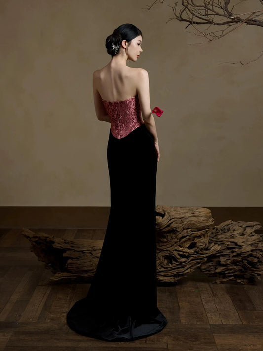 Vintage Strapless Textured Prom Dress Sequins Jacquard Mermaid Evening Dress AP7086