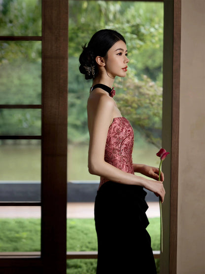 Vintage Strapless Textured Prom Dress Sequins Jacquard Mermaid Evening Dress AP7086