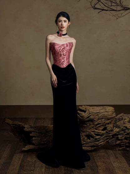 Vintage Strapless Textured Prom Dress Sequins Jacquard Mermaid Evening Dress AP7086