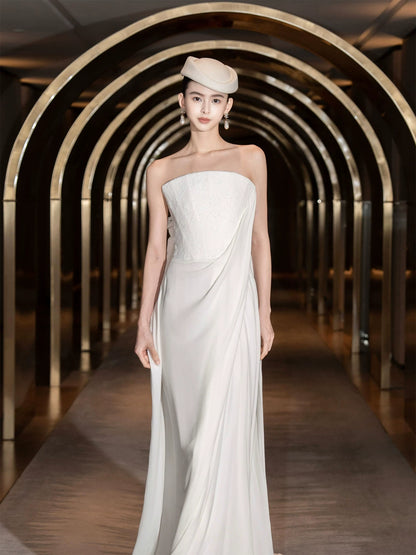 Ethereal Strapless Sheath Wedding Dress Lace Flowy White Bridal Dress AP7089