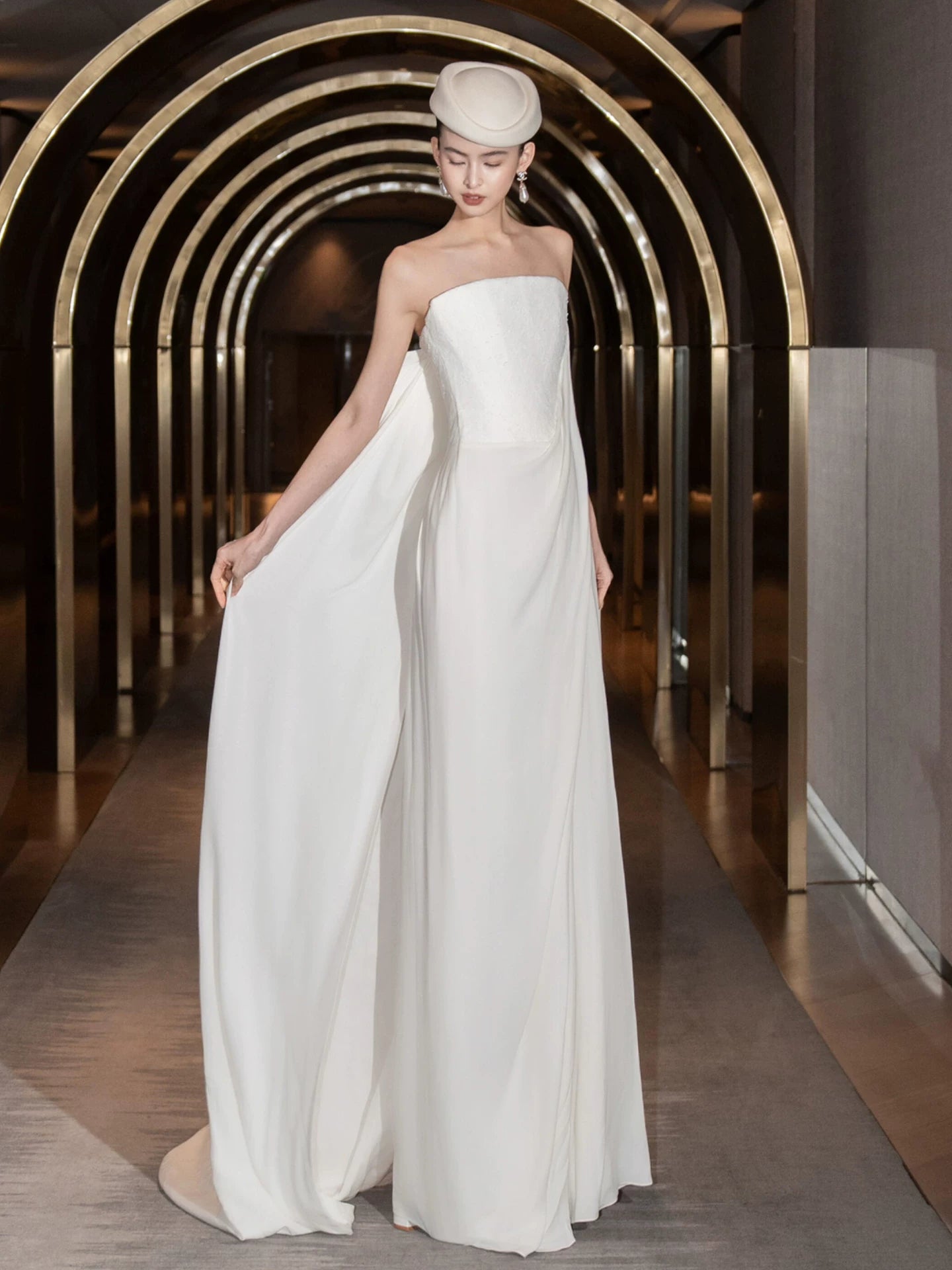 Ethereal Strapless Sheath Wedding Dress Lace Flowy White Bridal Dress AP7089