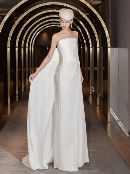 Ethereal Strapless Sheath Wedding Dress Lace Flowy White Bridal Dress AP7089