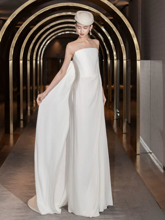 Ethereal Strapless Sheath Wedding Dress Lace Flowy White Bridal Dress AP7089