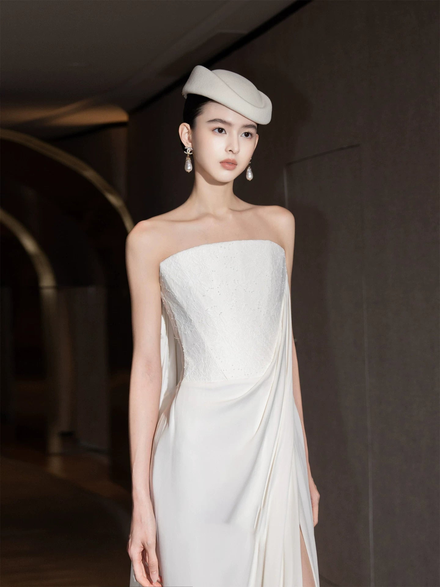 Ethereal Strapless Sheath Wedding Dress Lace Flowy White Bridal Dress AP7089