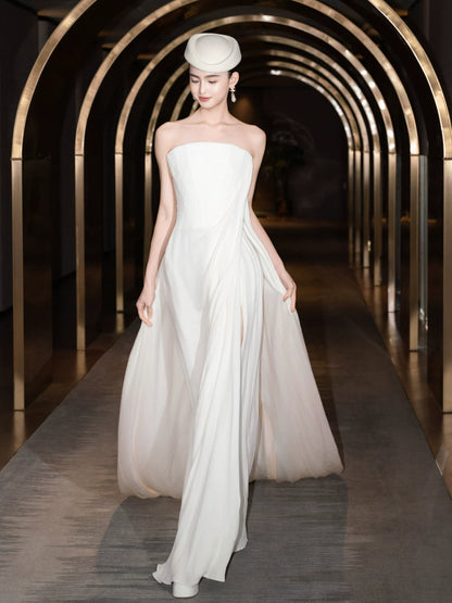Ethereal Strapless Sheath Wedding Dress Lace Flowy White Bridal Dress AP7089