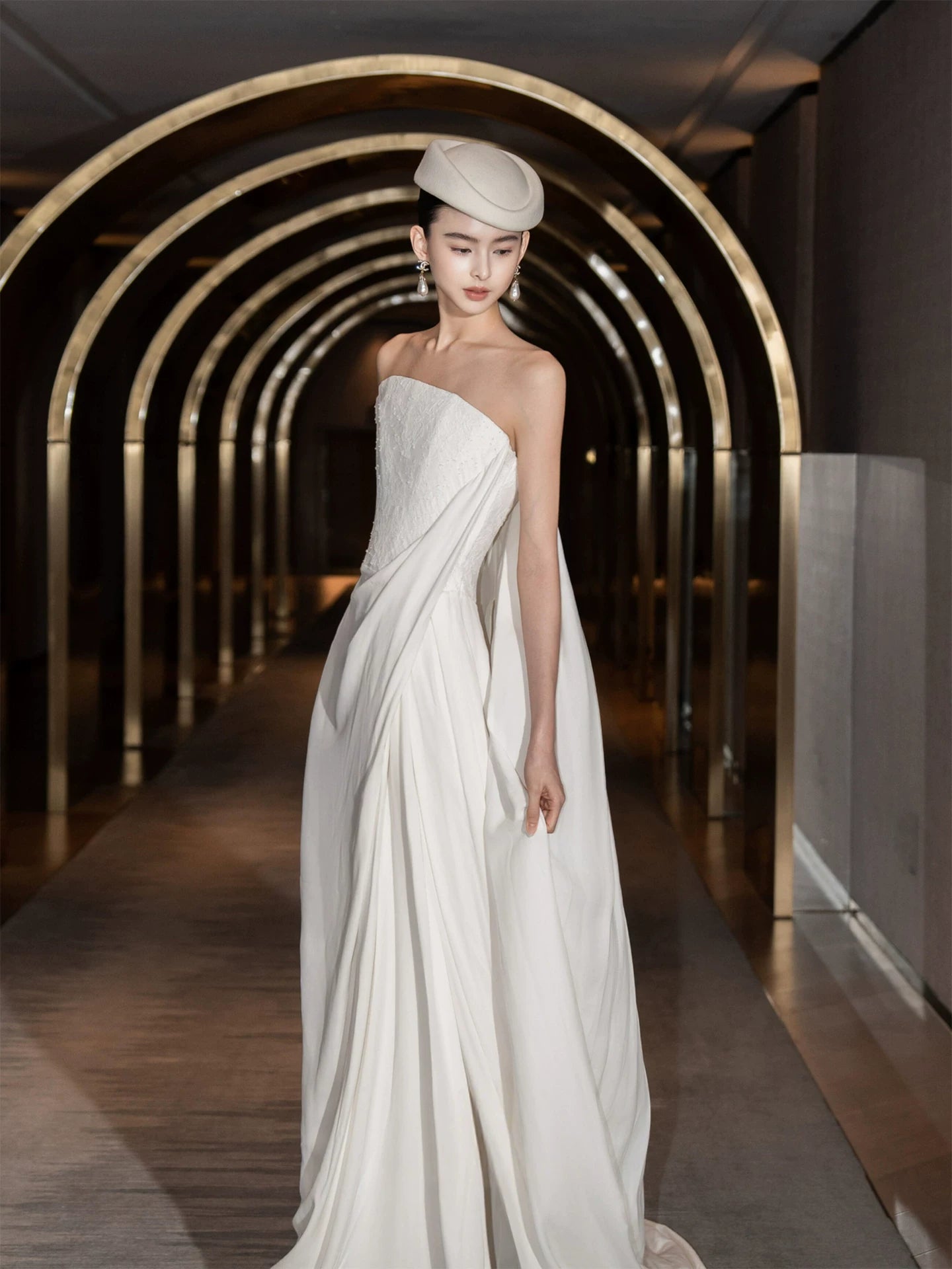 Ethereal Strapless Sheath Wedding Dress Lace Flowy White Bridal Dress AP7089