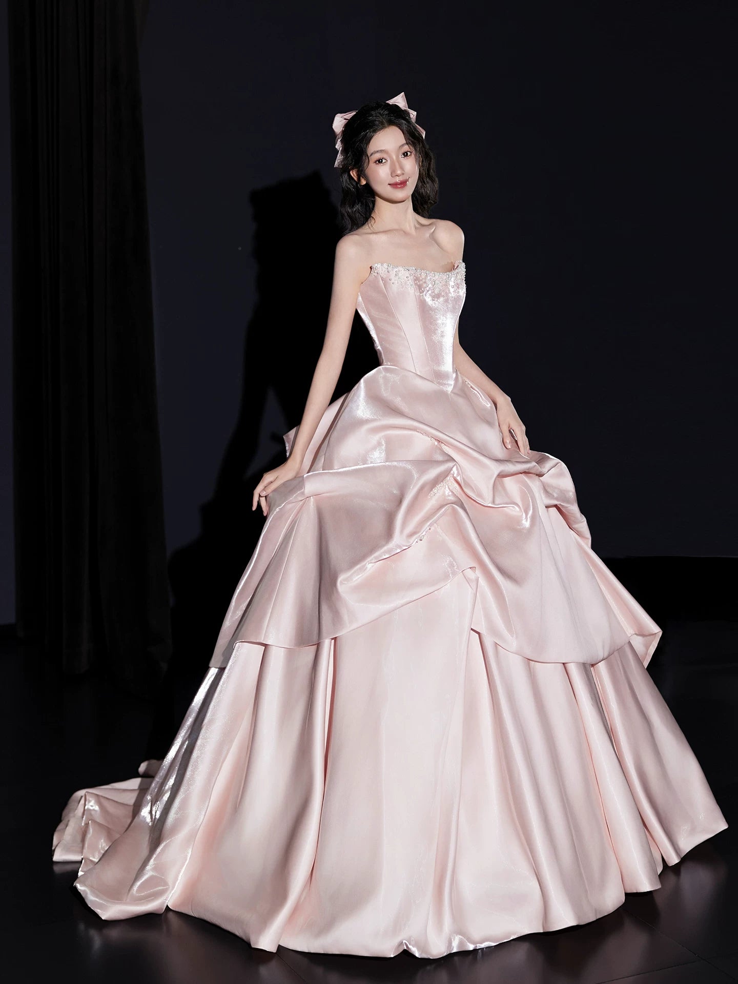 Sheen Strapless Pink Prom Dress Beads Ruched A-Line Formal Gowns AP7090