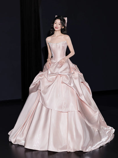 Sheen Strapless Pink Prom Dress Beads Ruched A-Line Formal Gowns AP7090