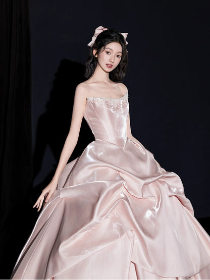 Sheen Strapless Pink Prom Dress Beads Ruched A-Line Formal Gowns AP7090