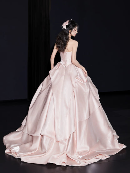 Sheen Strapless Pink Prom Dress Beads Ruched A-Line Formal Gowns AP7090