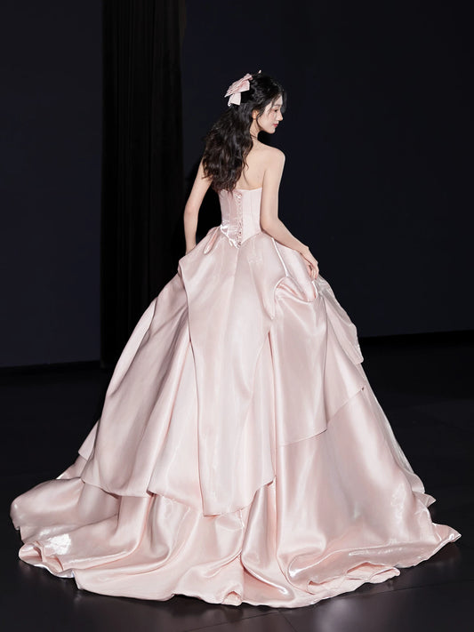Sheen Strapless Pink Prom Dress Beads Ruched A-Line Formal Gowns AP7090